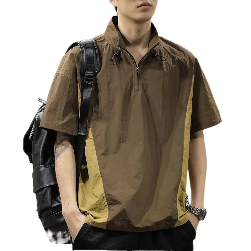 Men's brown ice silk half-zip stand collar business shirt with short sleeves on hanger