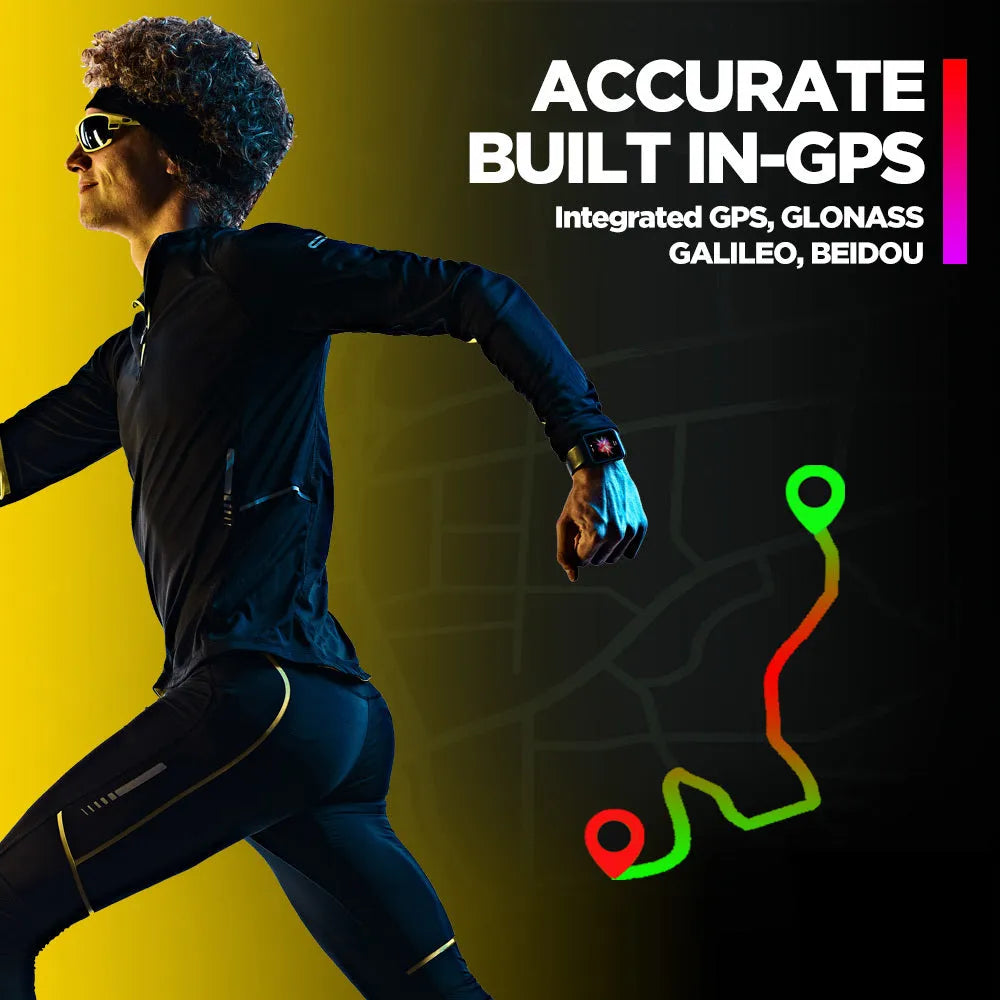 GPS sports smart watch with 1.78 inch LCD screen, black rubber strap, showing health monitoring display