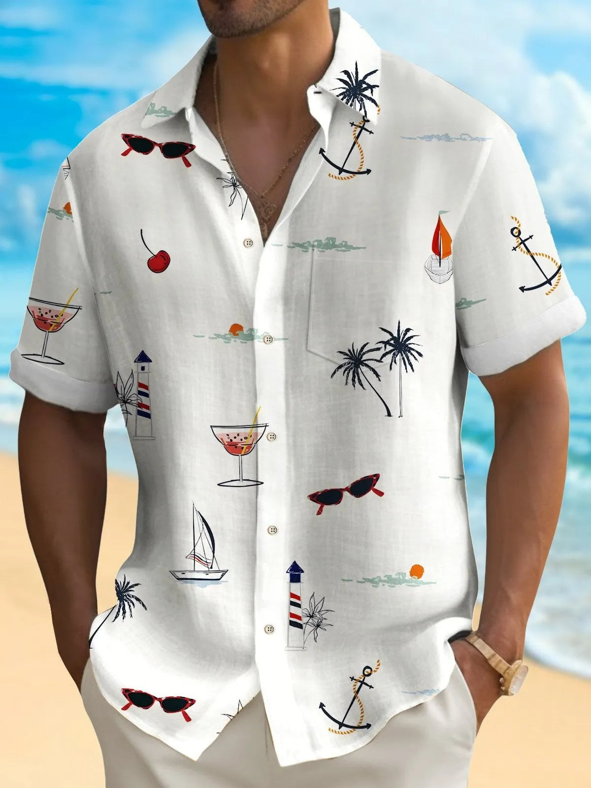 Men's loose fit Hawaiian shirt with digital print pattern and short sleeves.