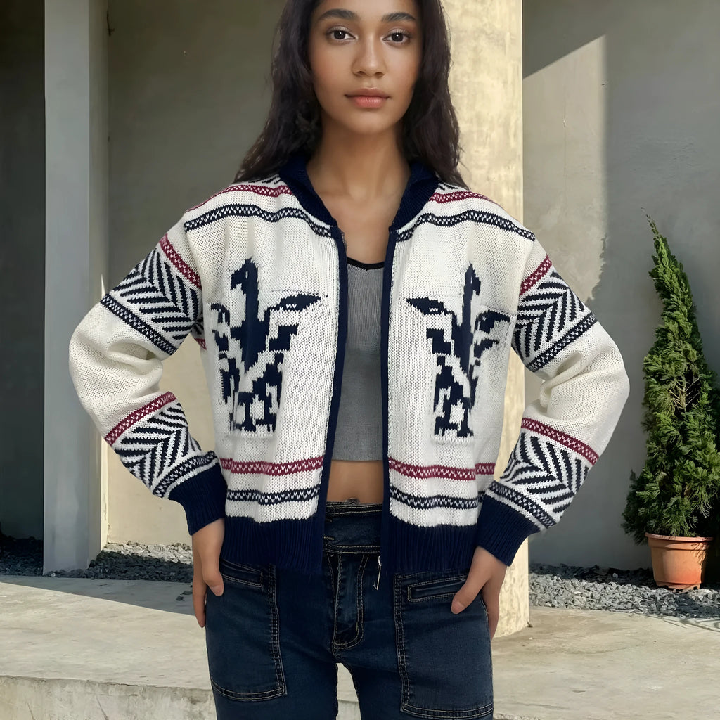White women's wool zip cardigan with lapel collar and black jacquard contrast stripes.