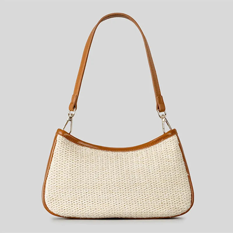 Khaki hand-woven straw crossbody bag with PP grass weave and single shoulder strap