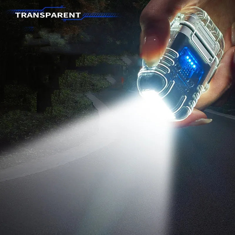 Transparent plastic double arc lighter with detachable clip, Type-C port, and button in black colour