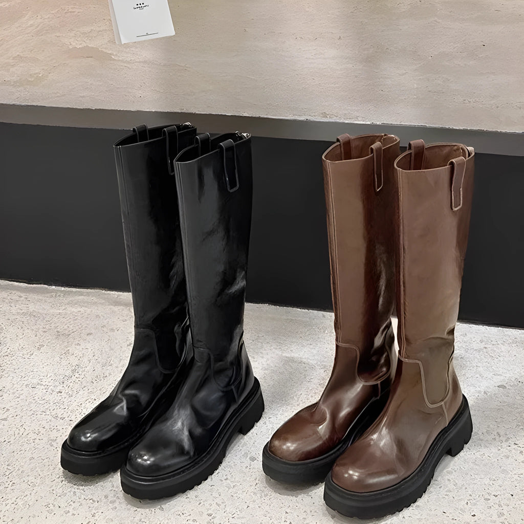 Round head chunky heel long tube knight boots in black, back zipper, microfiber upper, sizes 35-40