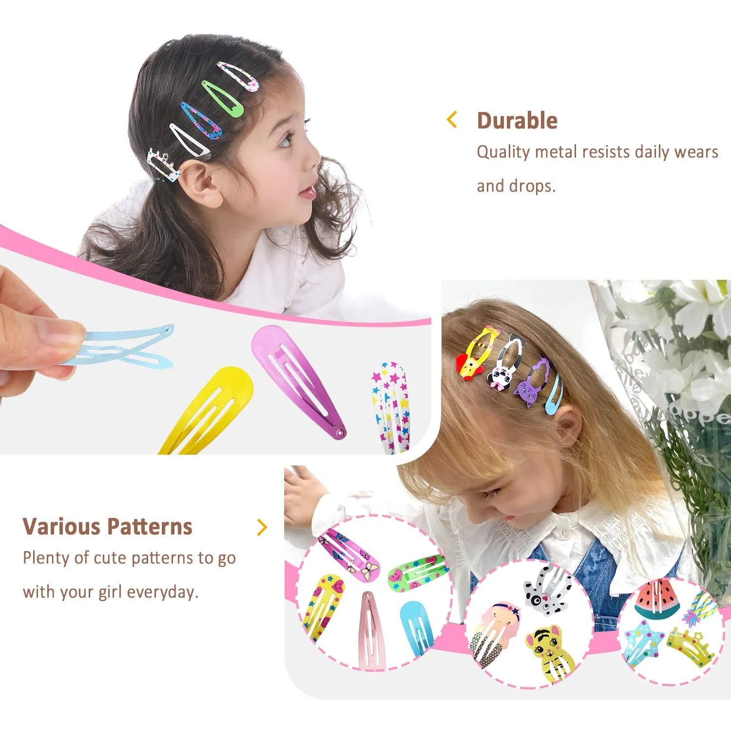 100 assorted metal snap hair clips for girls in candy colours with cartoon animals, fruits, crowns, and star designs