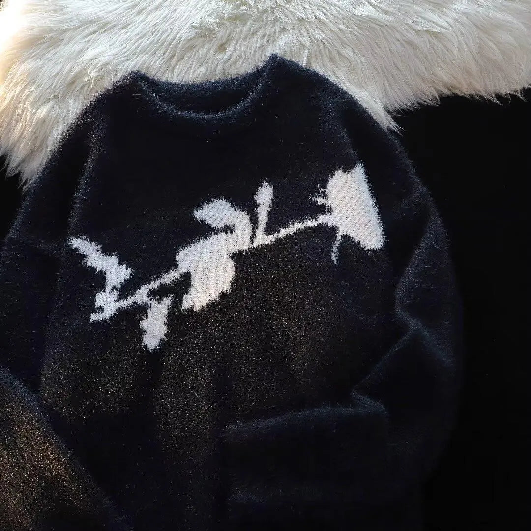 Men's dark rose flocking horse pullover sweater in cotton blend, black colour, long sleeves