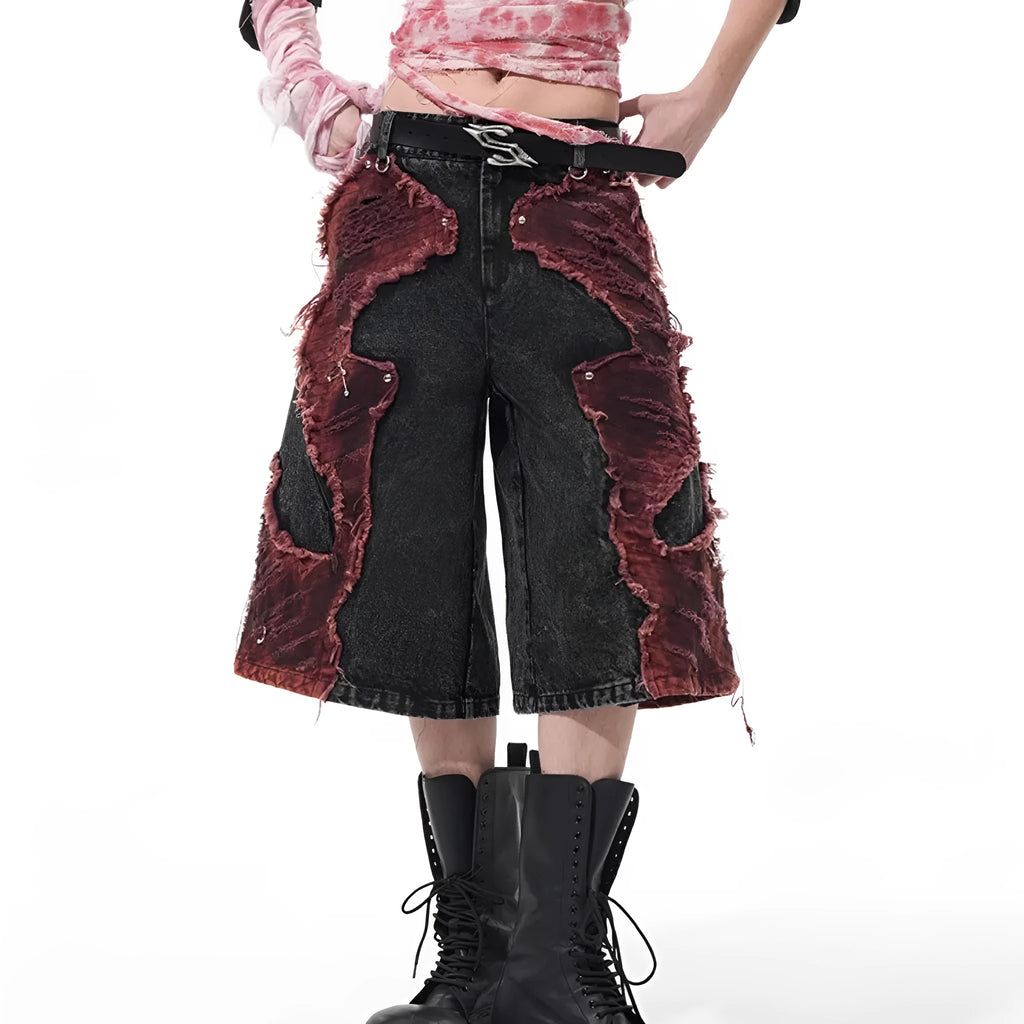 Wide leg cropped denim pants with distressed stitching, mid-high waist, loose fit, cotton cloth fabric