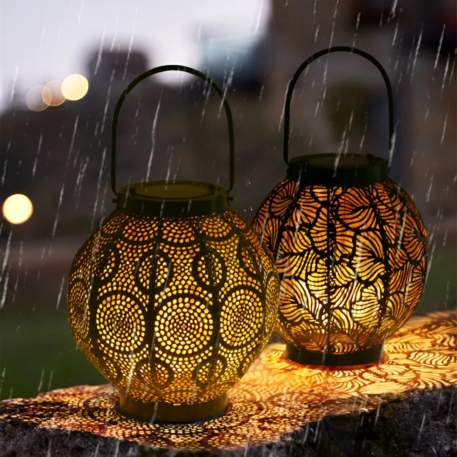Solar outdoor courtyard hollow decorative iron portable lamp with warm white LED light