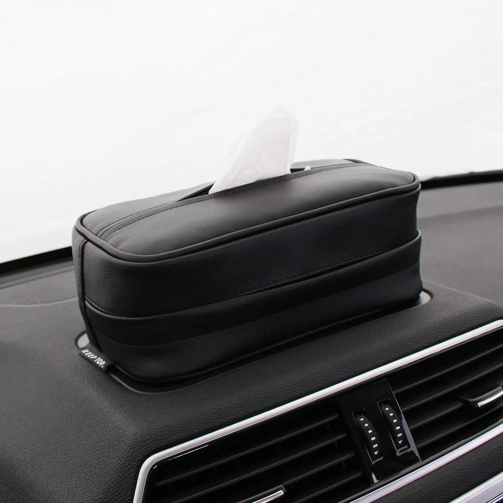 Black PU leather car hanging storage box with paper bag lining, dimensions 23x13x9cm