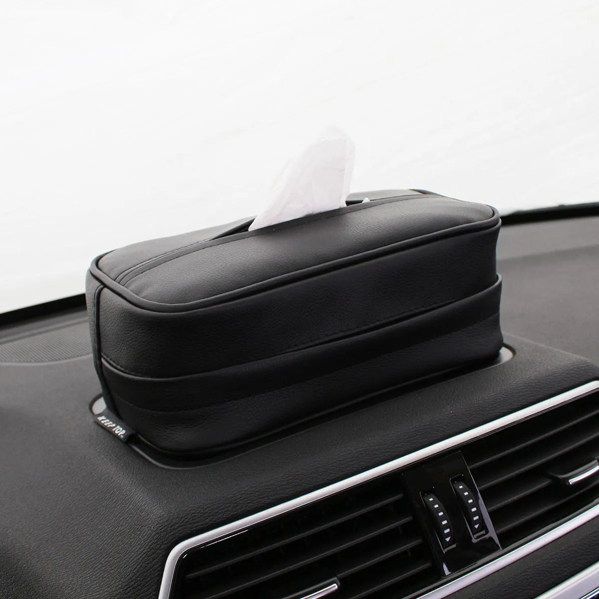 Black PU leather car hanging storage box with paper bag lining, dimensions 23x13x9cm