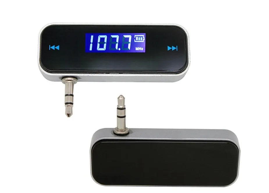 Black car FM transmitter with LCD display and 3.5mm aux cable for Android phones and other music players