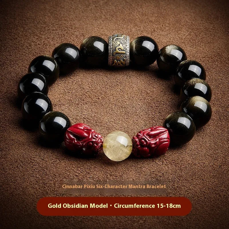 Natural cinnabar bead bracelet with carved animal zodiac design in gold obsidian and silver stone on a silver gift box