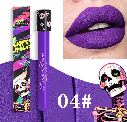 Halloween matte lip gloss in test tube skull packaging with waterproof formula and gold silver colours