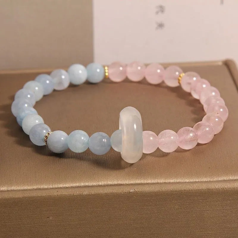 Women's light luxury handmade mixed material crystal bracelet with round beads in pink blue colour