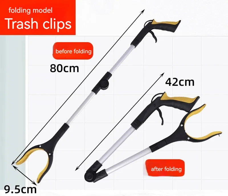 Aluminium foldable garbage clamp with blue handle extended to 80cm and magnet sucker.
