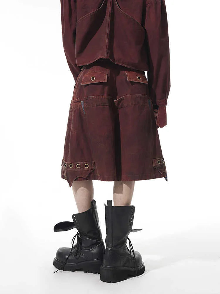 Men's double waist loose cropped black pants with washed stitching, front view showing mid-high waist and cropped length