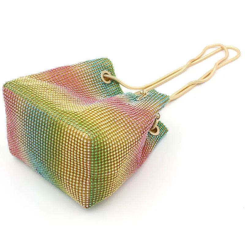 Rhinestone bucket bag with rainbow multicolour diamond pattern and soft material