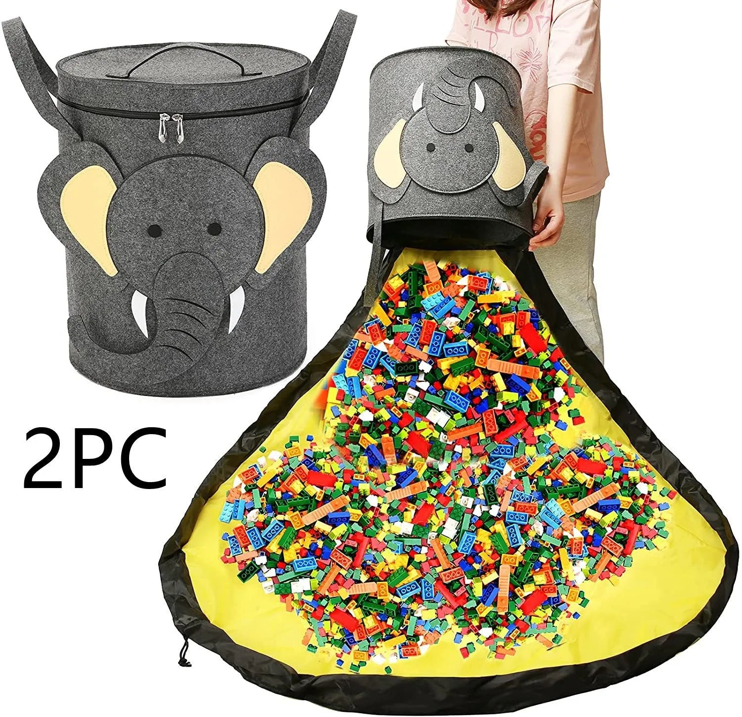 Green felt cube storage bag with pull rope shown as toy organiser and unfolded play mat