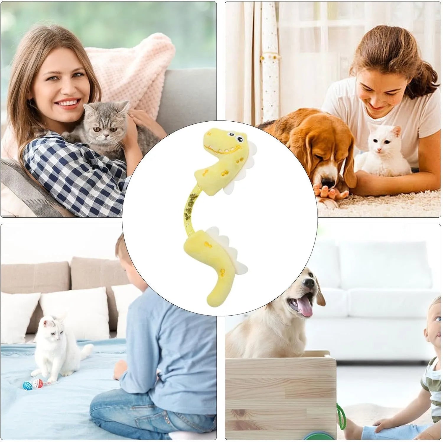 Set of four cat toys including catnip rope, springs and kicker toys in pink, purple or yellow