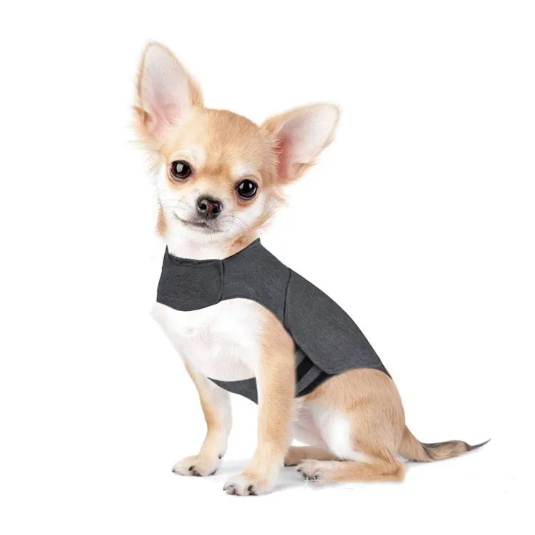 Heather grey dog anxiety jacket warm vest on a model dog, showing soft brocade cotton material.