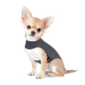 Heather grey dog anxiety jacket warm vest on a model dog, showing soft brocade cotton material.