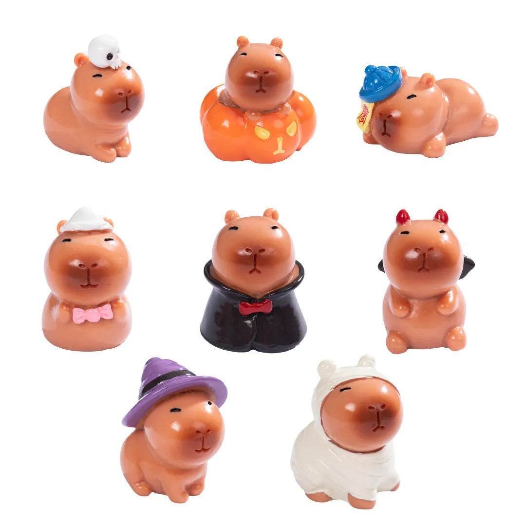 Set of eight micro capybara resin Halloween decorations in Pumpkin, Zombie, Ghost, Mummy, Vampire, Witch Hat, Little Devil, and Skull colours