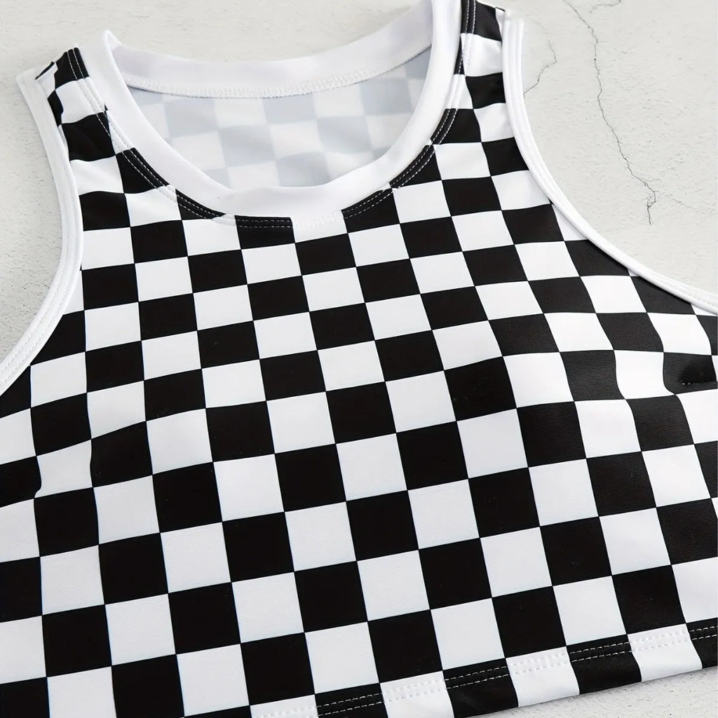 Racing one-piece swimsuit with suspender backless design chessboard plaid pattern polyester sporty style for women