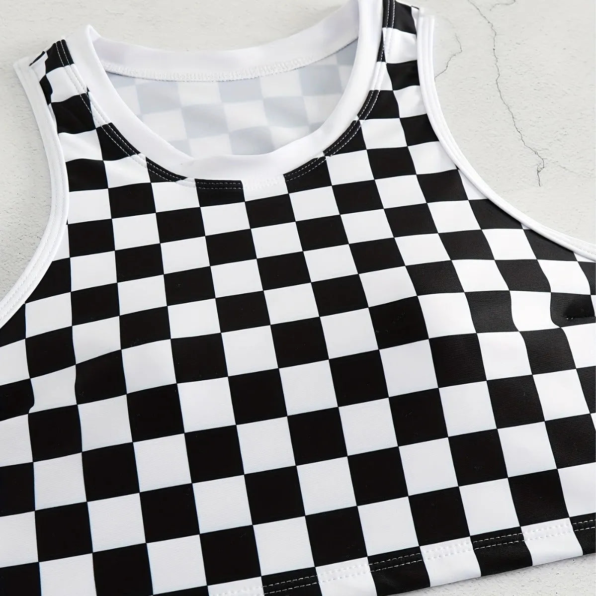 Racing one-piece swimsuit with suspender backless design chessboard plaid pattern polyester sporty style for women