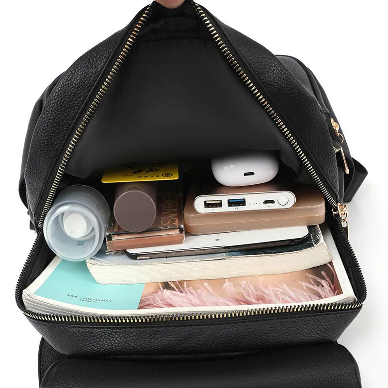 Soft PU leather women's backpack with three-dimensional pockets in street trend style