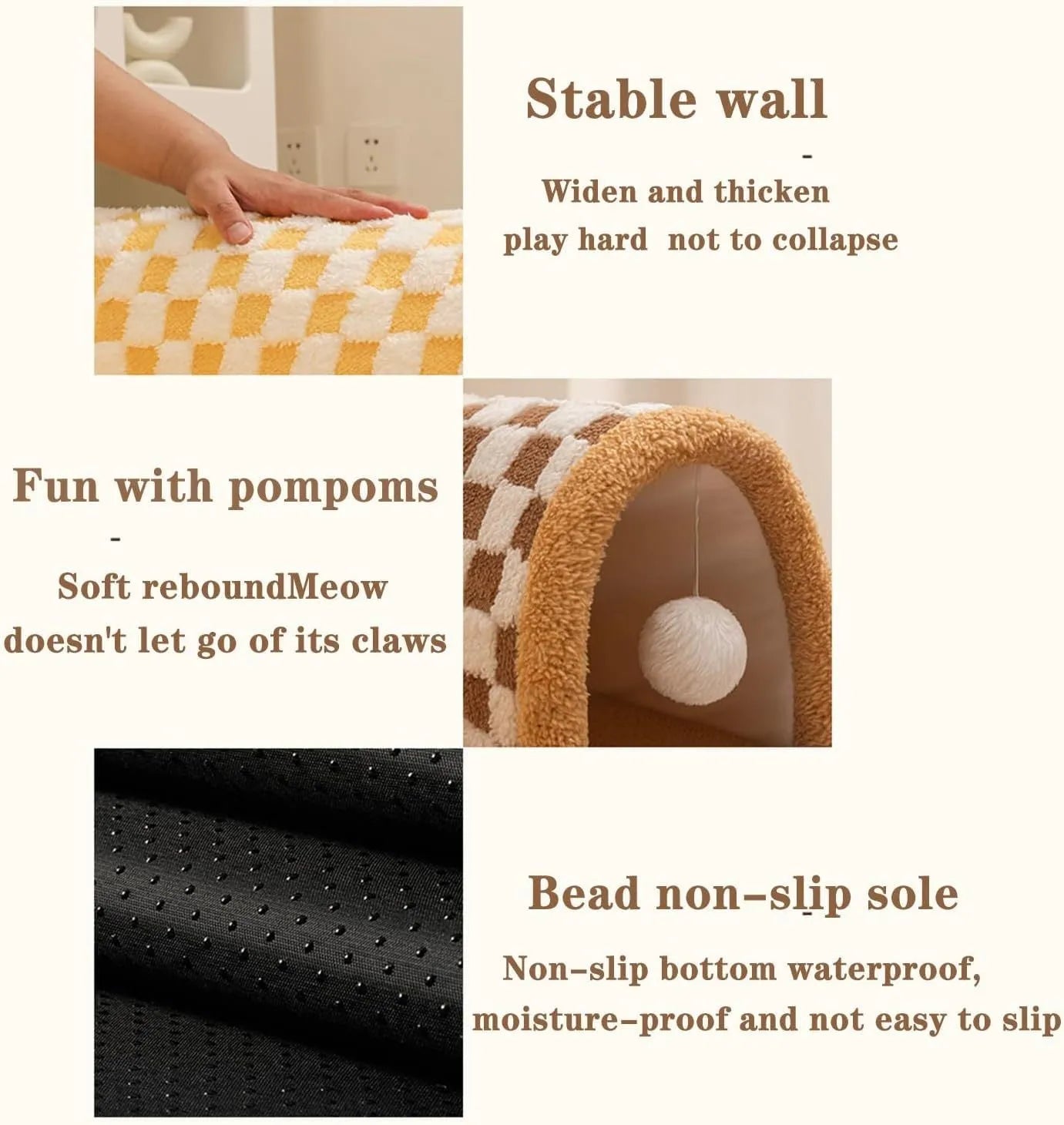 Brown plaid plush cat tunnel bed with a central mat on a wooden floor.
