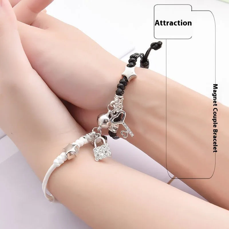 Magnetic couple bracelets with alloy construction and various design options including love symbols and animal patterns