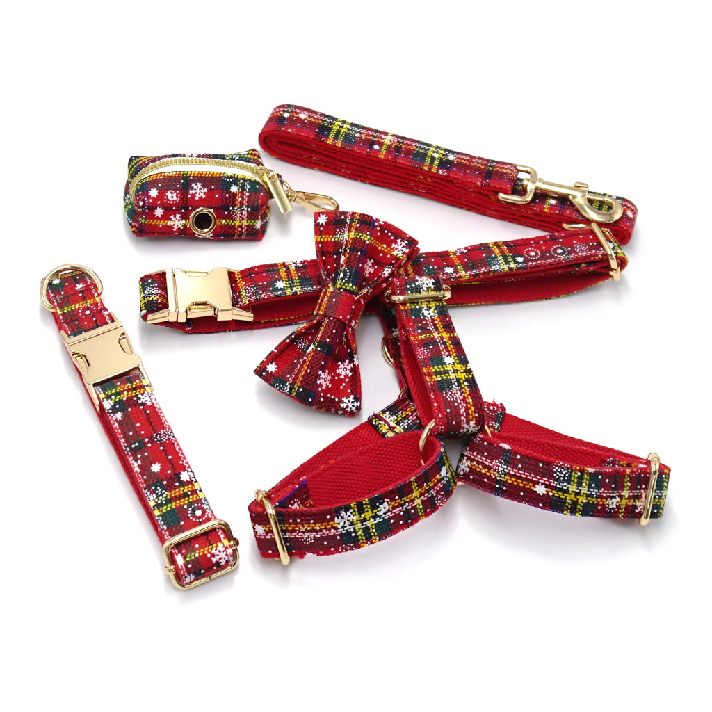 Red Christmas pet collar traction rope bowknot chest-back harness stool bag set on dog