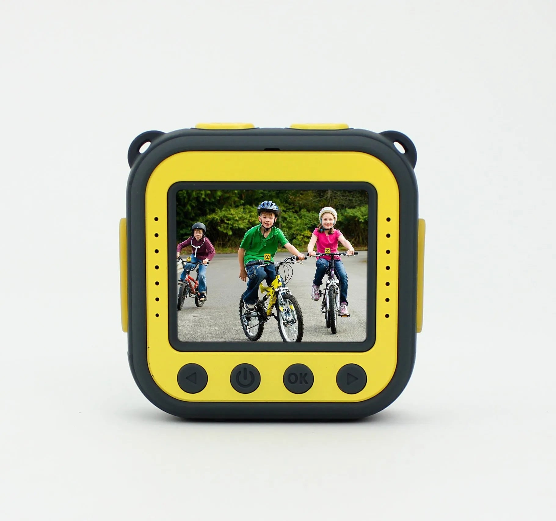 Yellow children's waterproof sports camera with LCD screen and compact design