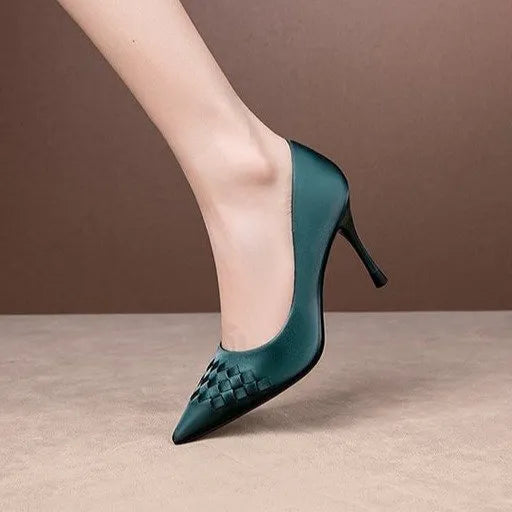 Woman's stiletto high heel in plain design, pointed toe, shallow mouth, artificial PU upper, available in black, green, wine red, sizes 34-39