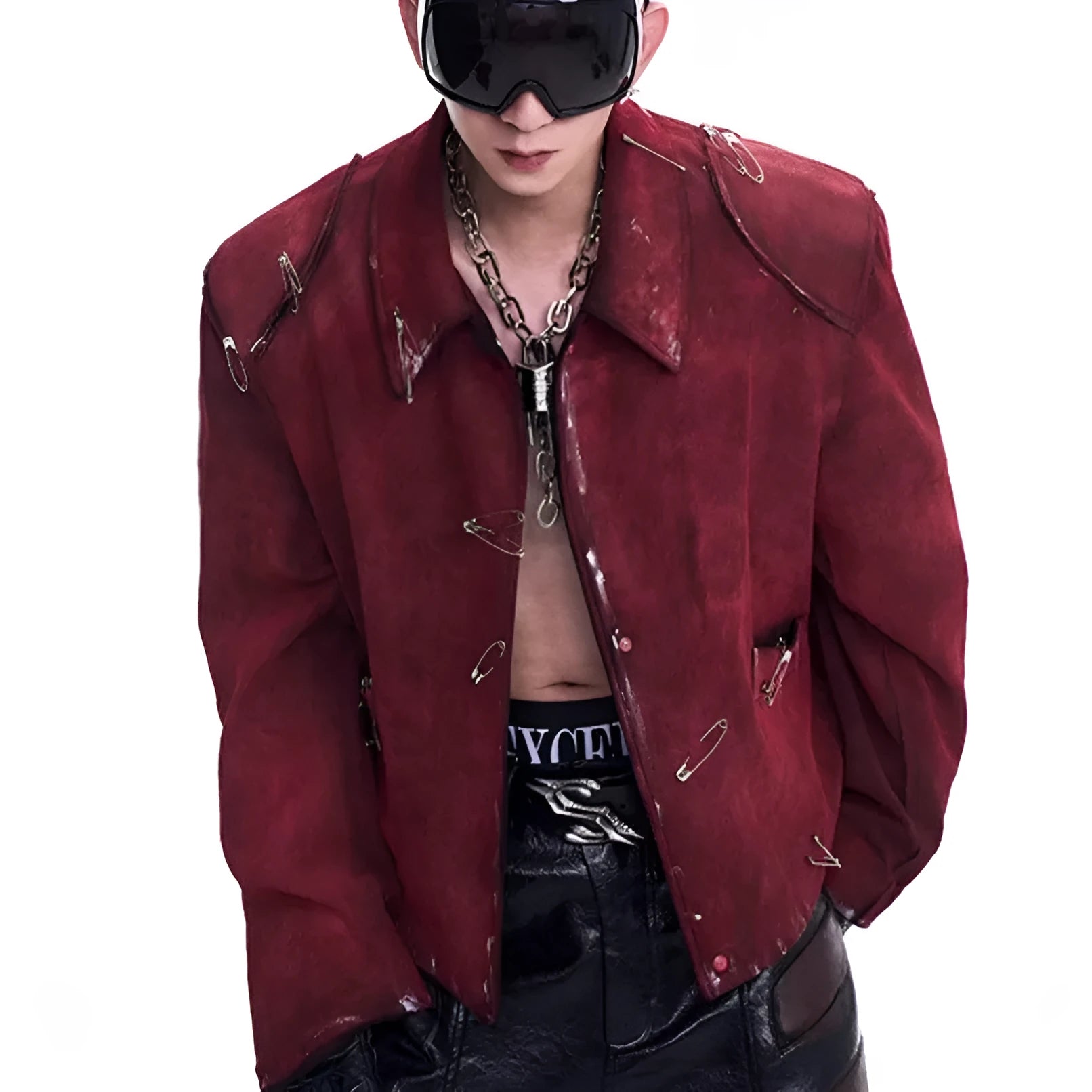 Men's loose fit thick quilted flocking decorative pin jacket coat in red with lapel collar