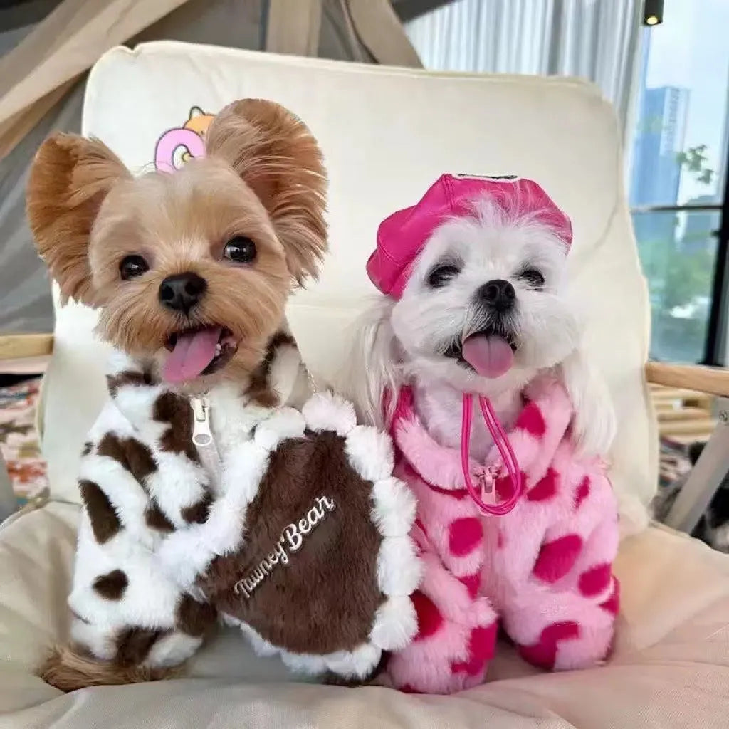 Plush polyester warm coat for small dog breeds in British style design