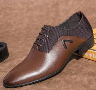 Men's black Oxford shoe with a low-cut PU upper and rubber sole, shown on a size chart.