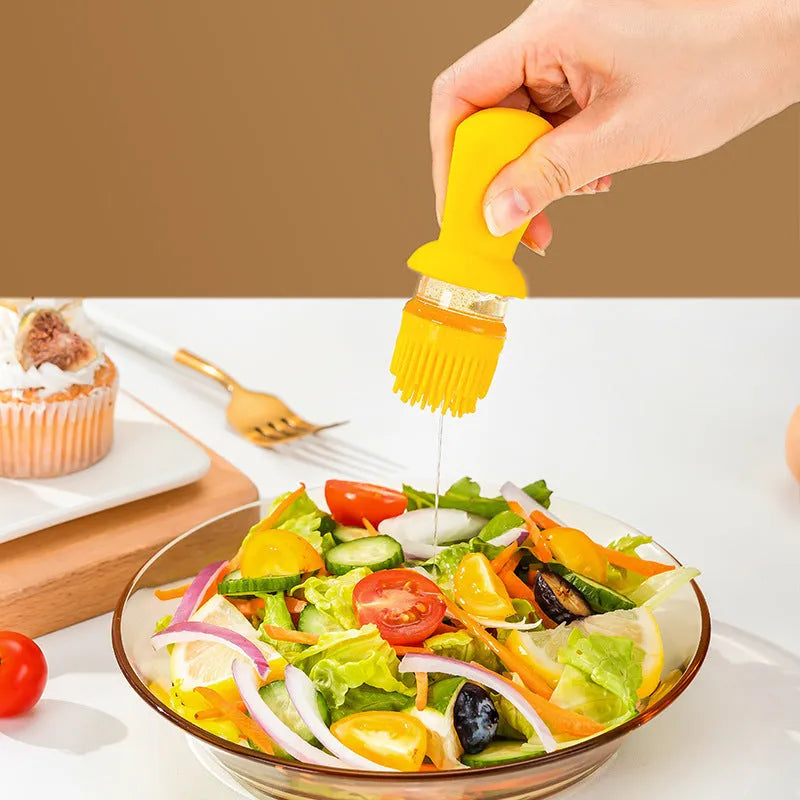 2-in-1 oil dispenser with silicone brush head and 304 stainless steel nozzle, 550ml glass bottle in yellow
