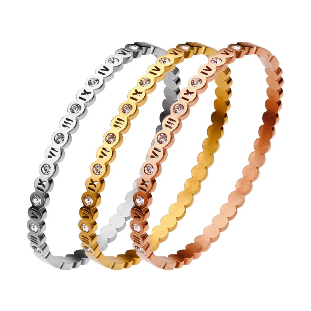 Titanium steel Korean style bracelet with numeric elements in gold, rose gold or steel colour