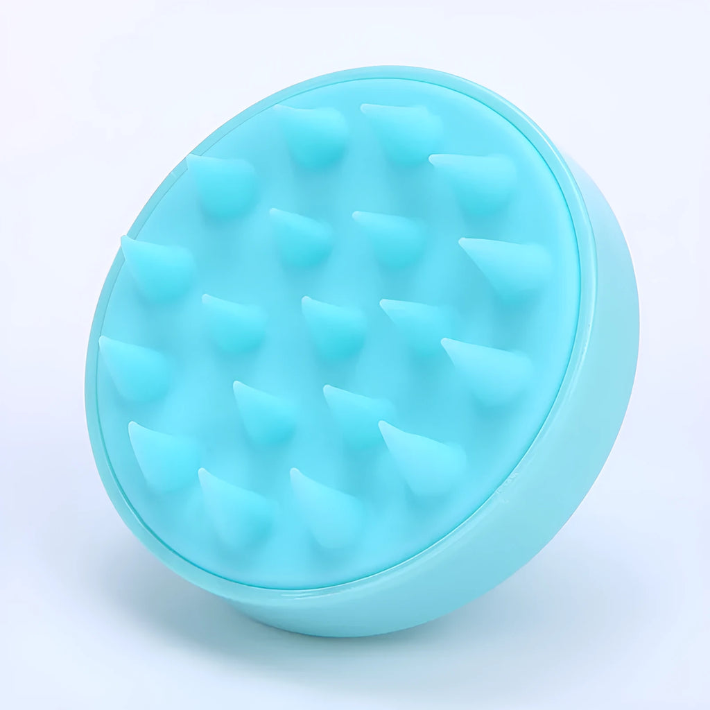 Massage shampoo brush with silicone bristles in solid colour, compact size 8x6.7x3 cm