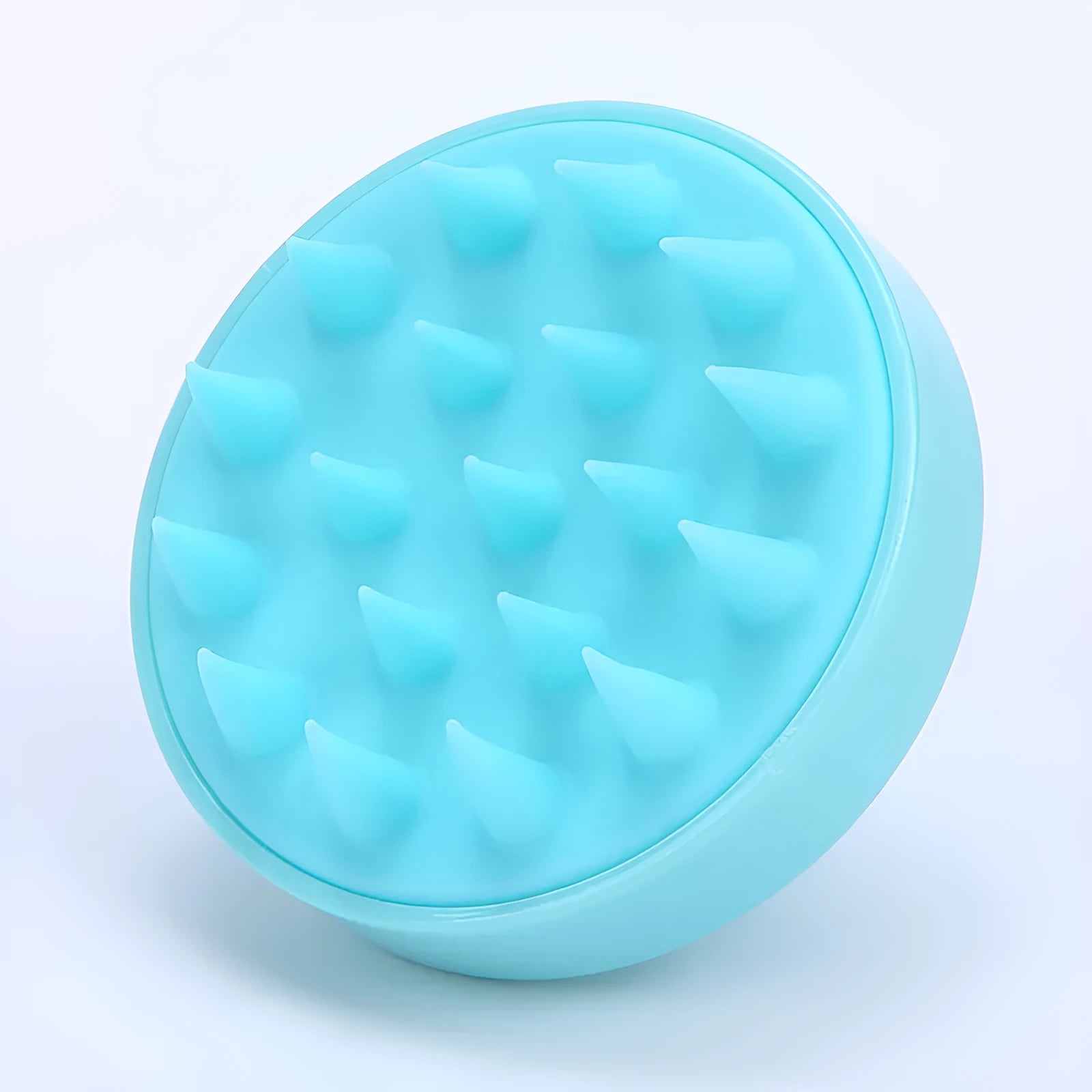 Massage shampoo brush with silicone bristles in solid colour, compact size 8x6.7x3 cm