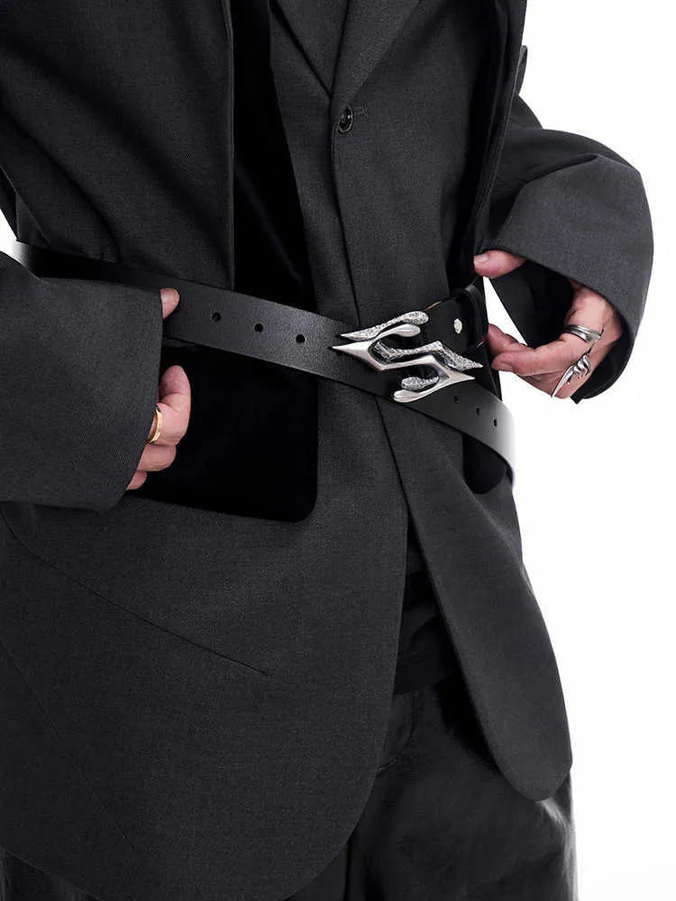 Black men's leather belt with a metal letter buckle, made from two-layer cowhide.