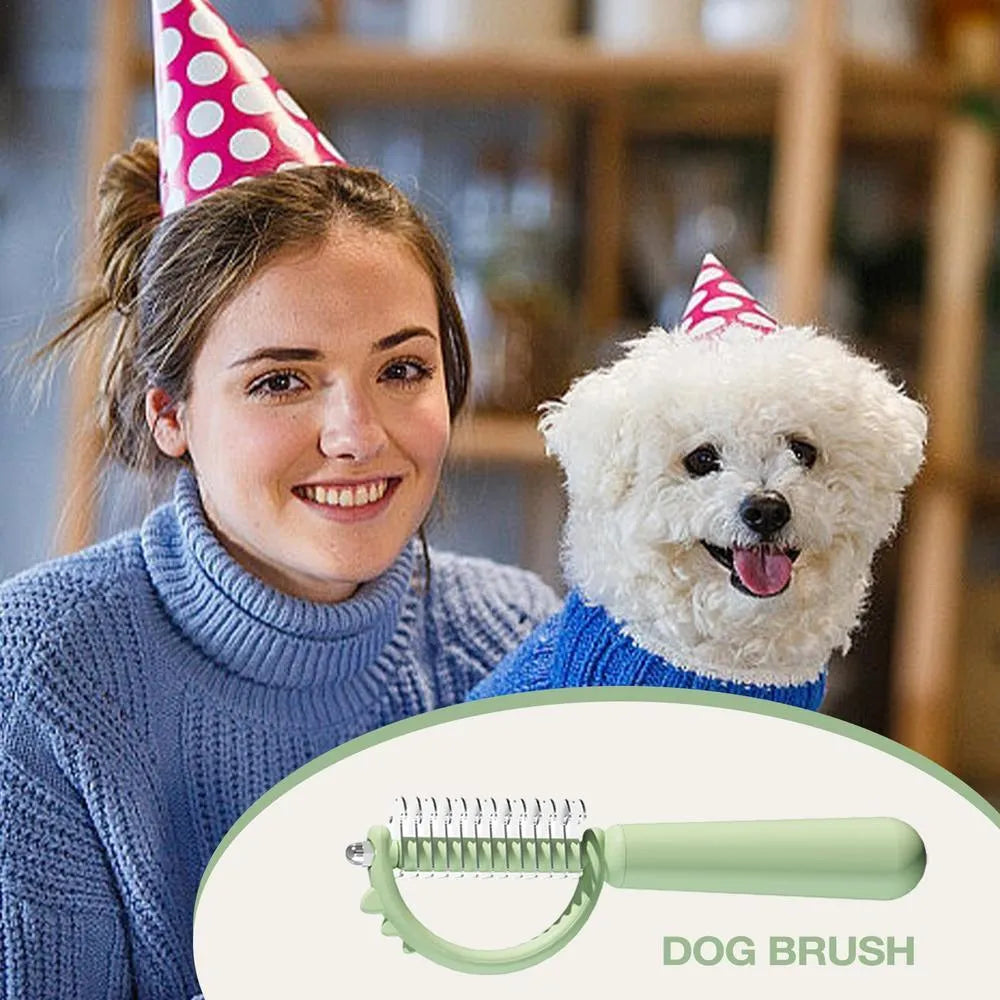 Blue dinosaur-shaped self-cleaning cat brush with stainless steel bristles on a white background
