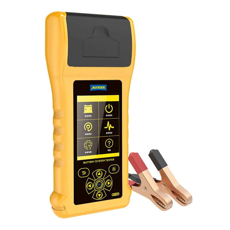 Autool BT760 colour screen automotive battery tester with attached clips and printed diagnostic receipt.