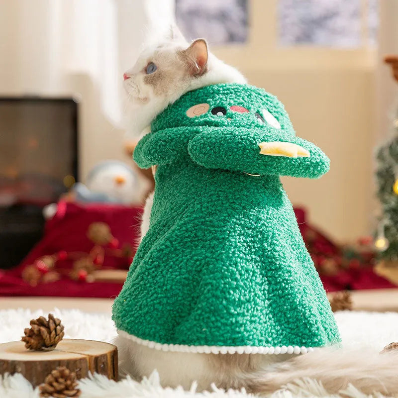 Cat wearing warm thickened elk cloak in polyester with drawable closure, available in brown or green elk pattern