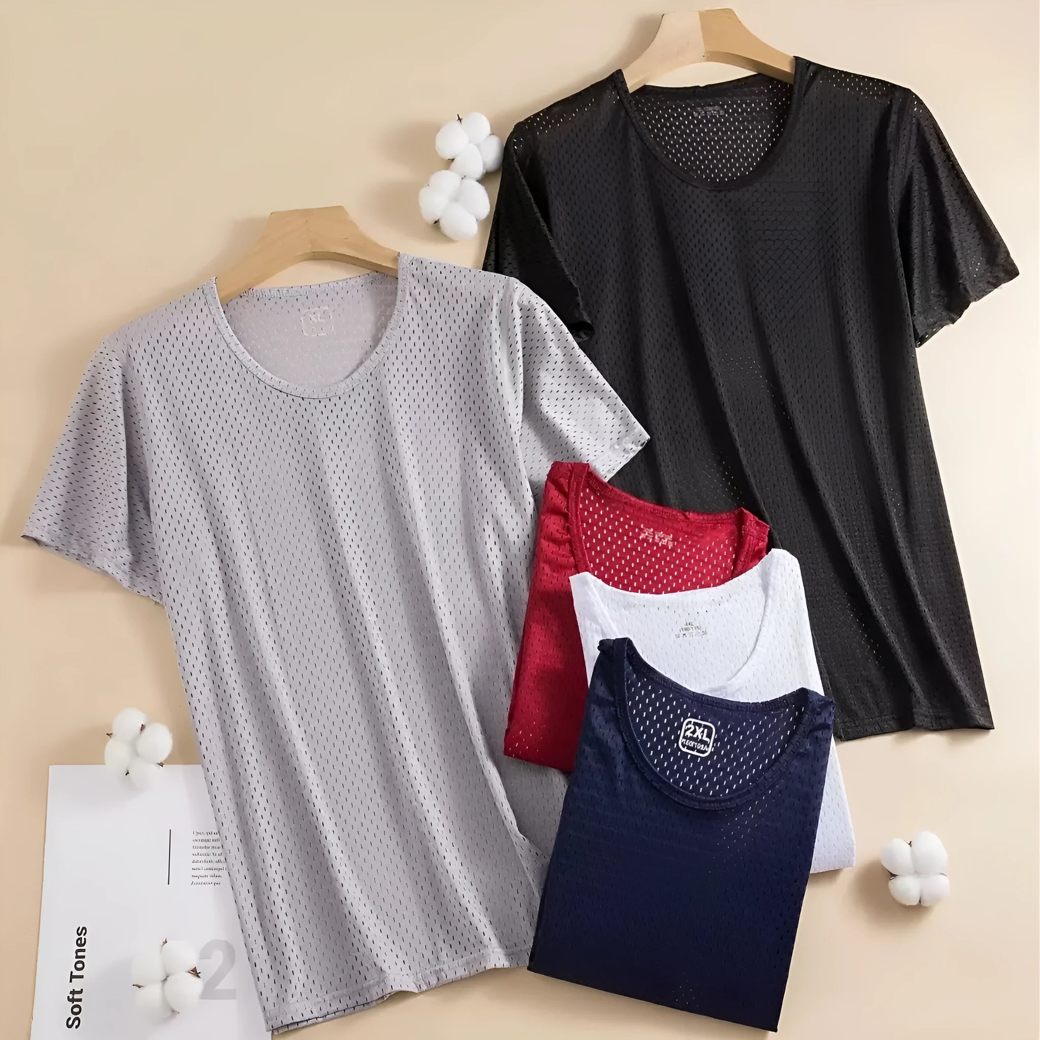 Men's ice silk short sleeve T-shirt in loose fit crew neck design showing mesh fabric texture