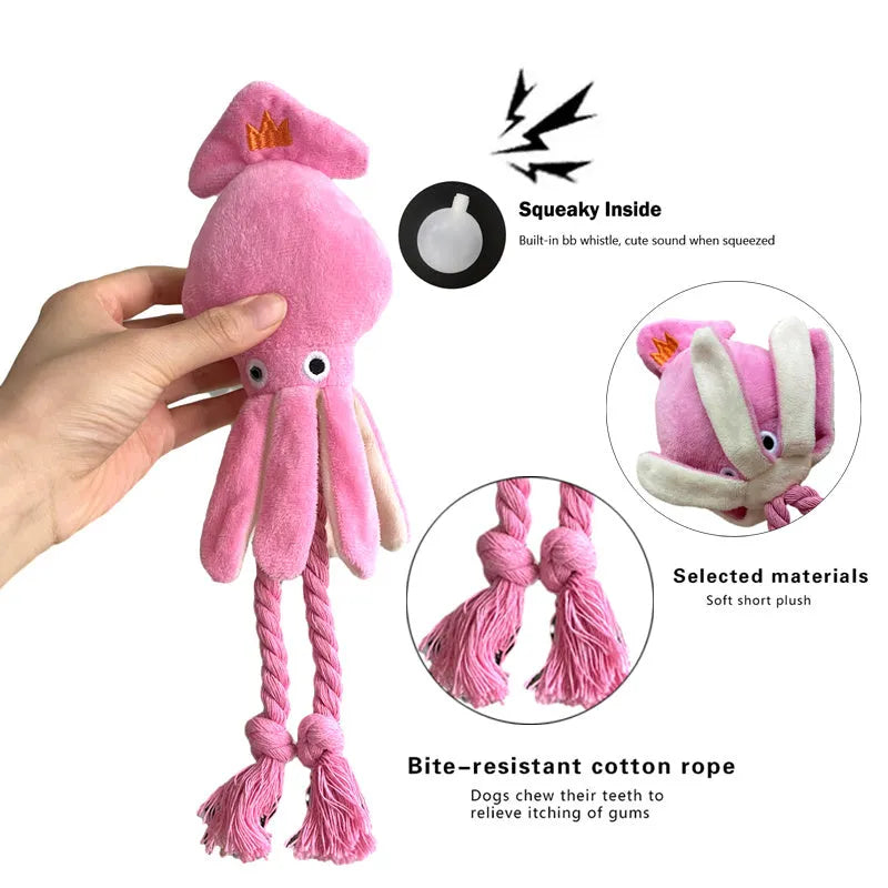 Pink squid plush dog chew toy with squeaky sound, 32cm corduroy toy for small and medium dogs
