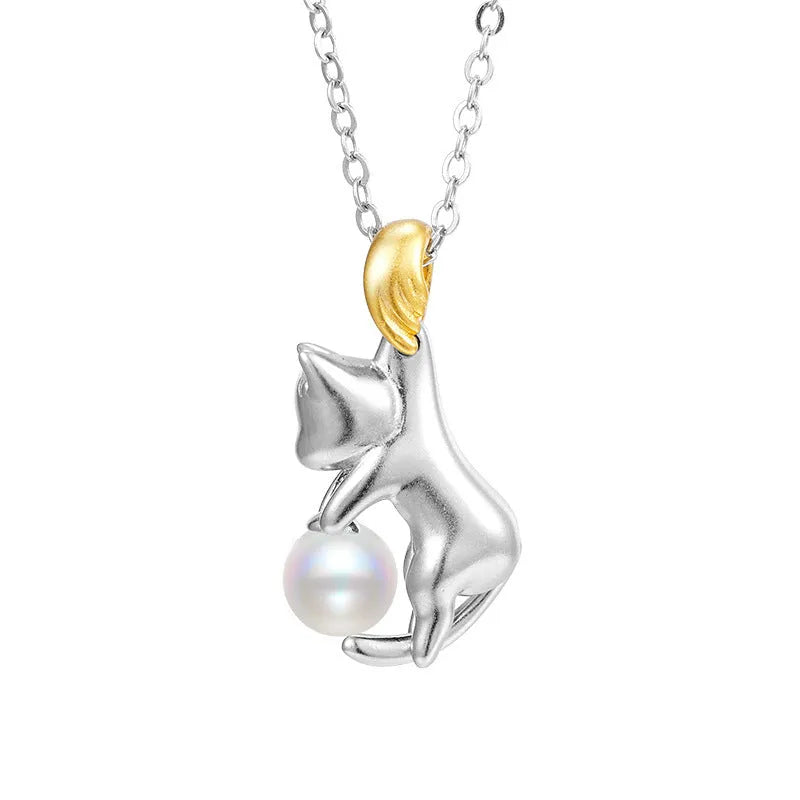 925 sterling silver clavicle chain with cat pendant and electroplated finish