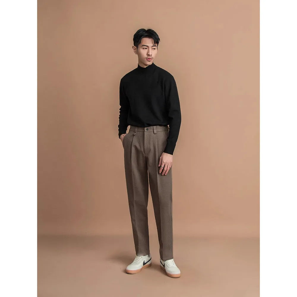 Men's straight leg business casual trousers in polyester fabric with draped styling