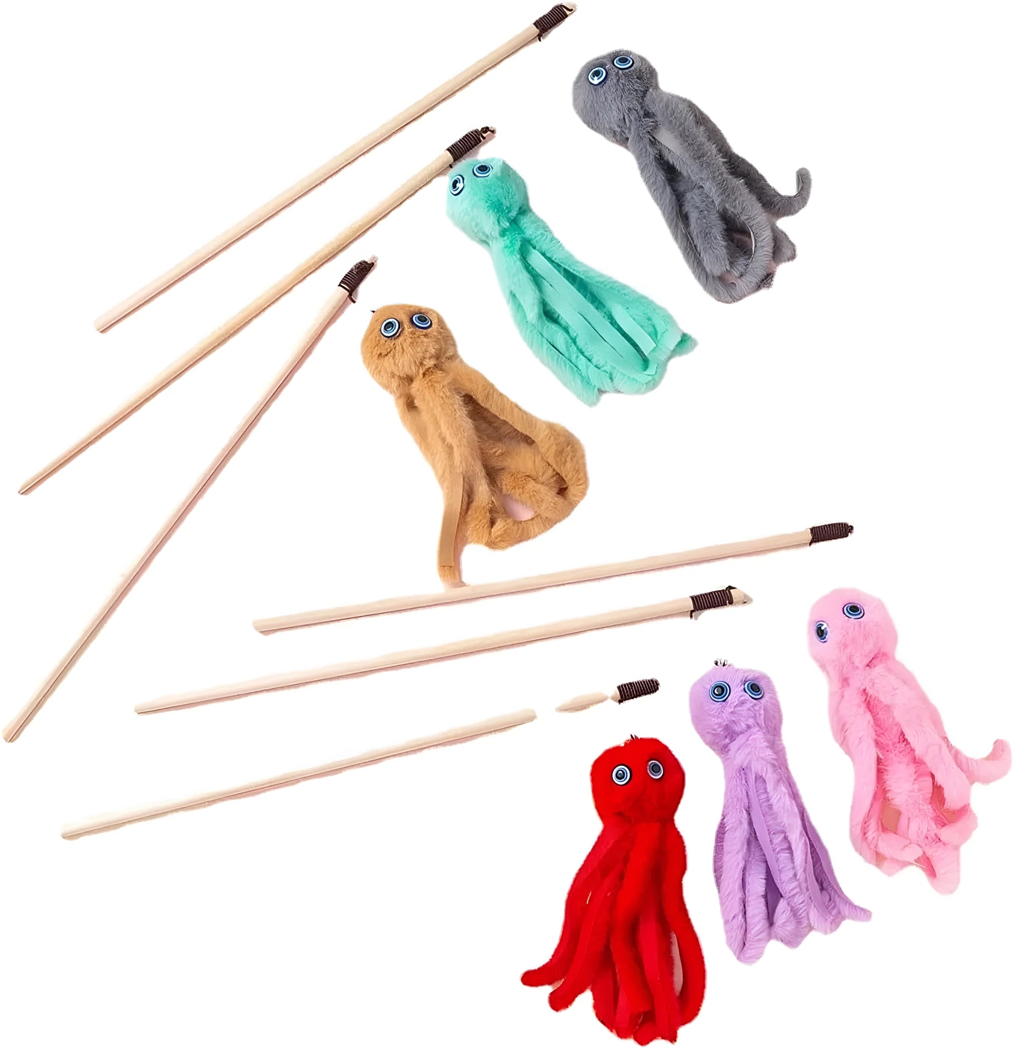 Octopus cat toy with long stick handle in bright colours for indoor kitten play