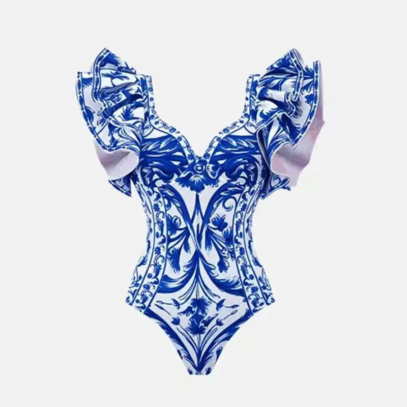 Women's printed polyester one-piece swimsuit available in multiple colour styles and sizes S to XL